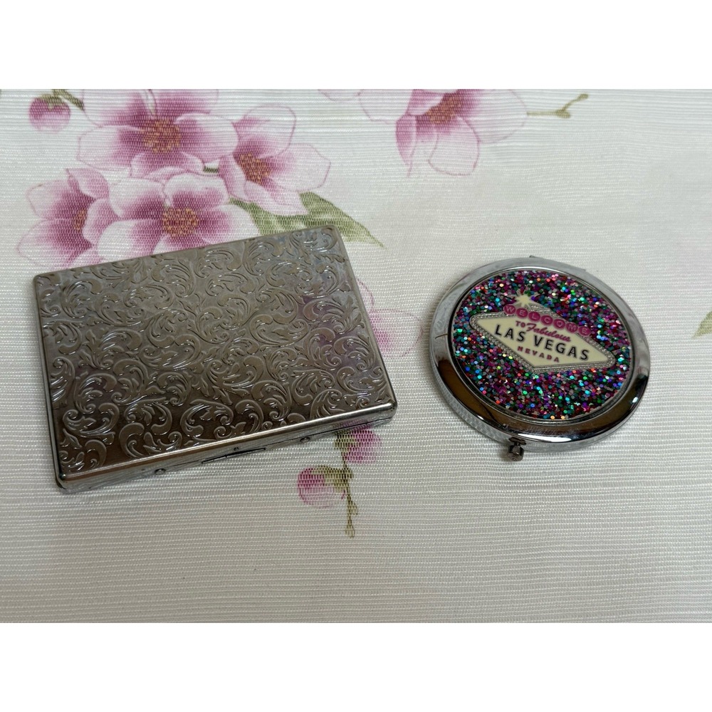 Vintage Metal Cigarette Case Wallet & Las Vegas Glitter Compact Mirror Lot